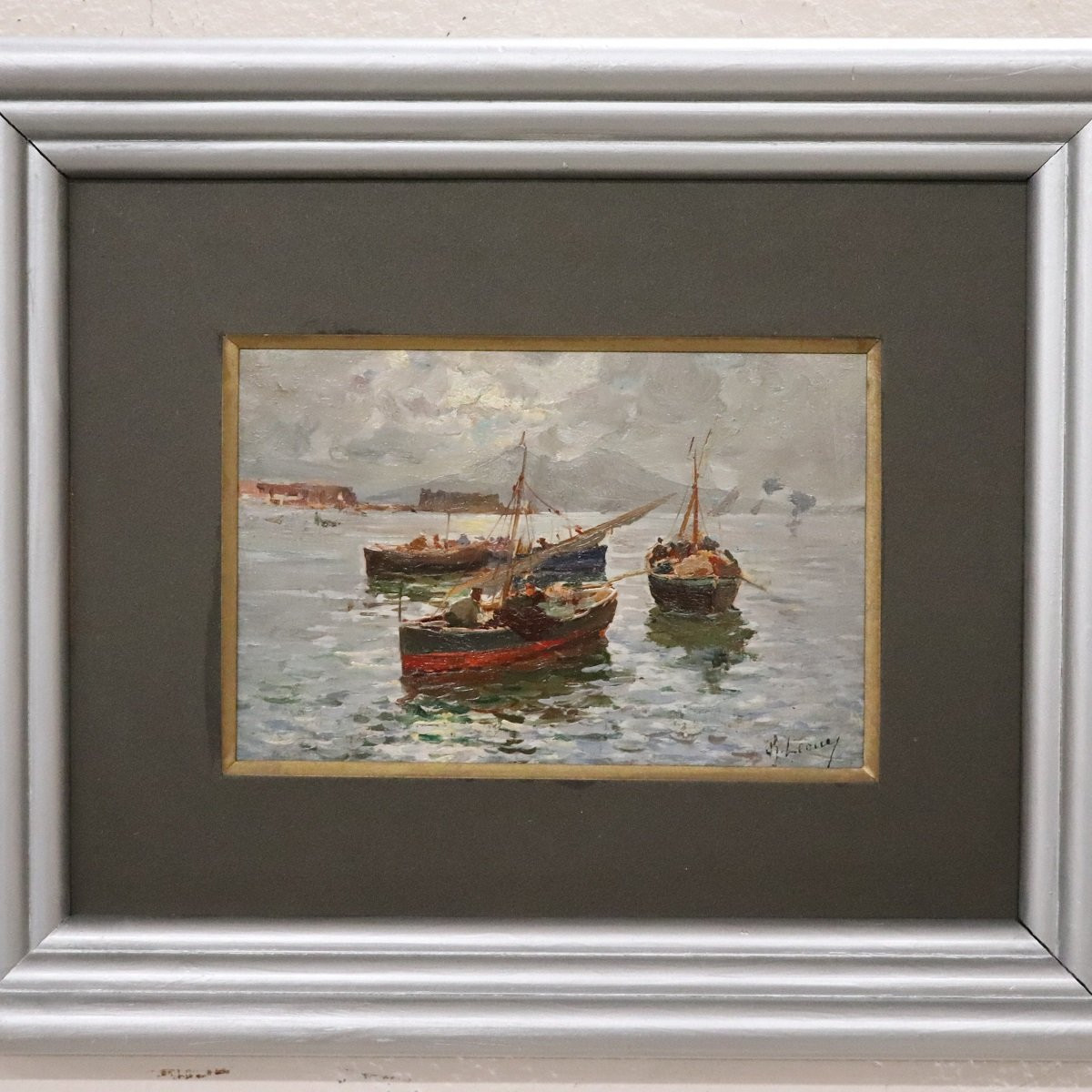 Golfe de Naples avec pêcheurs, signé R. Leone, huile sur panneau, Italie, début du XXe siècle-photo-5