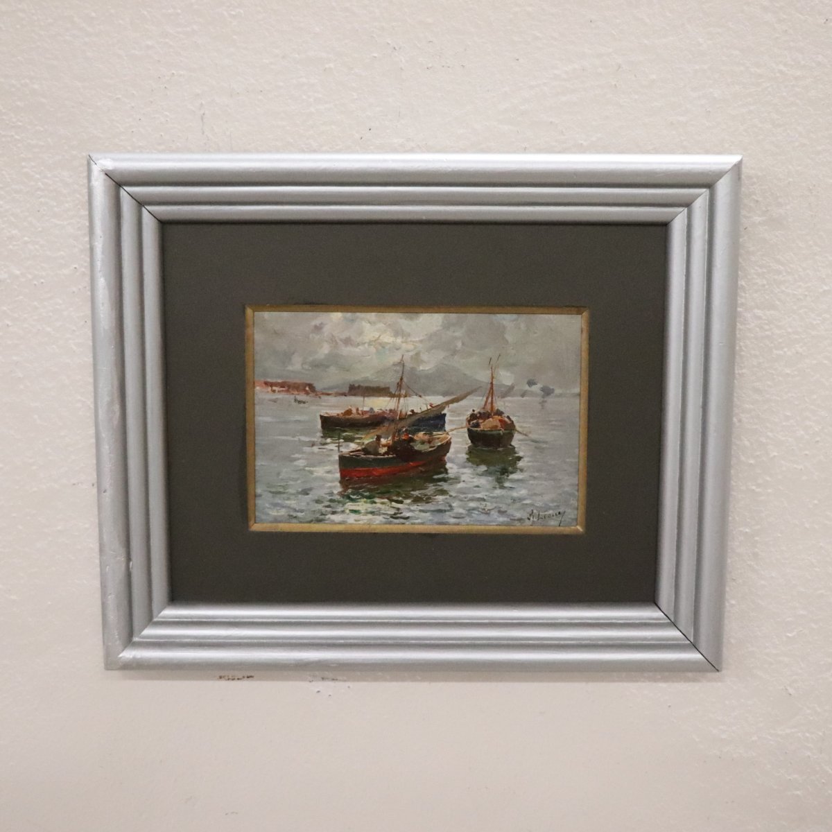Golfe de Naples avec pêcheurs, signé R. Leone, huile sur panneau, Italie, début du XXe siècle-photo-6