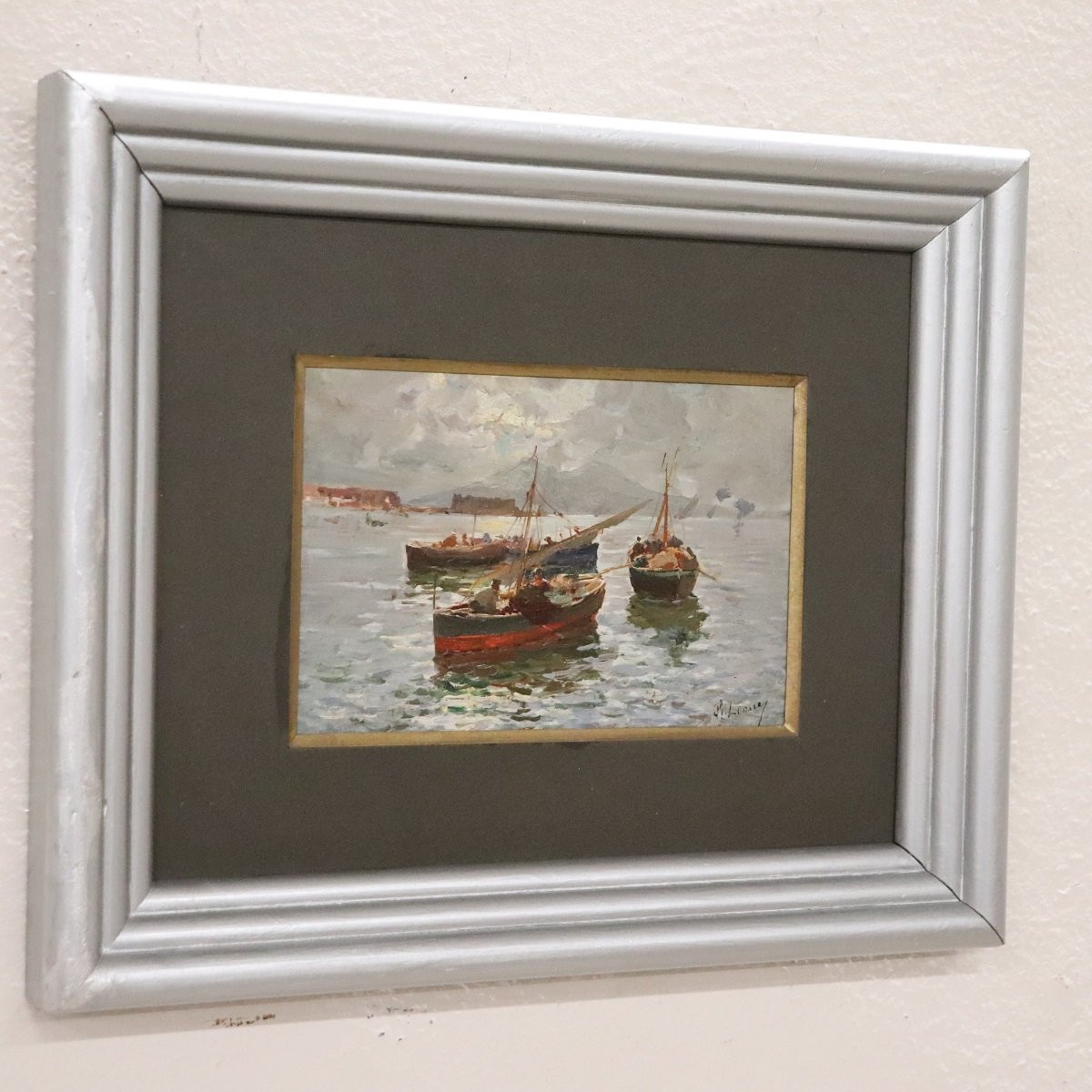 Golfe de Naples avec pêcheurs, signé R. Leone, huile sur panneau, Italie, début du XXe siècle-photo-7