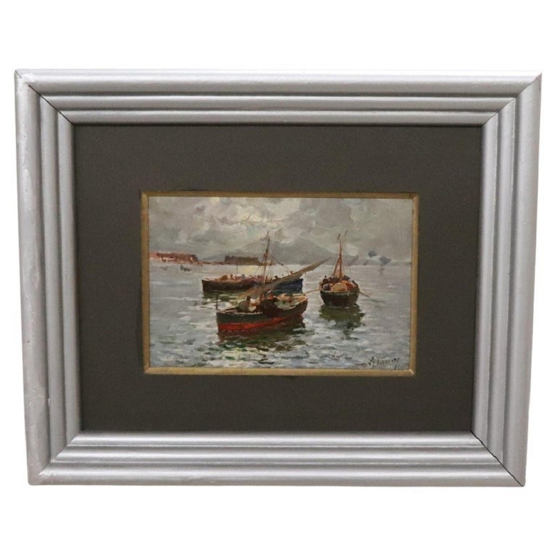 Golfe de Naples avec pêcheurs, signé R. Leone, huile sur panneau, Italie, début du XXe siècle