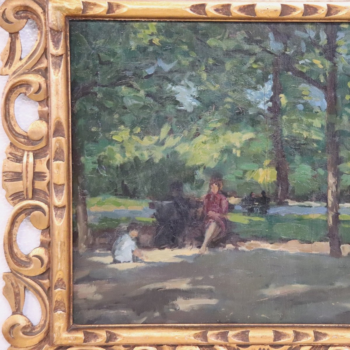 Oil Painting On Plywood, People In The City Park, Early 20th Century-photo-2