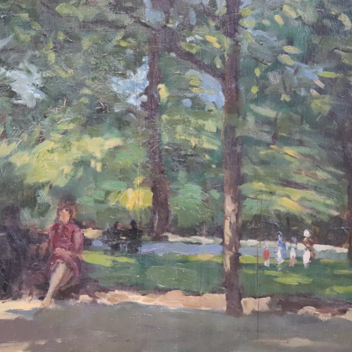 Oil Painting On Plywood, People In The City Park, Early 20th Century-photo-3