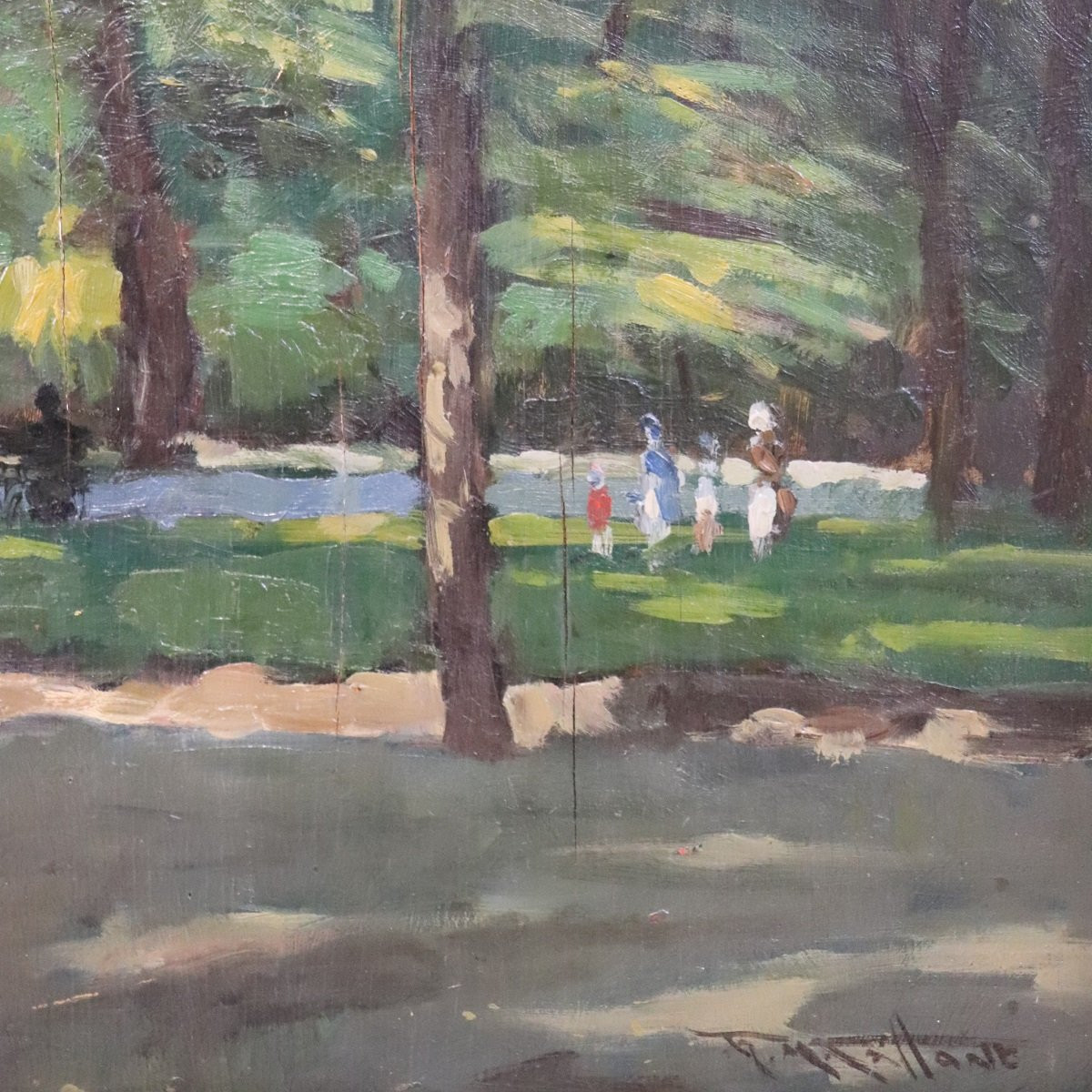 Oil Painting On Plywood, People In The City Park, Early 20th Century-photo-2
