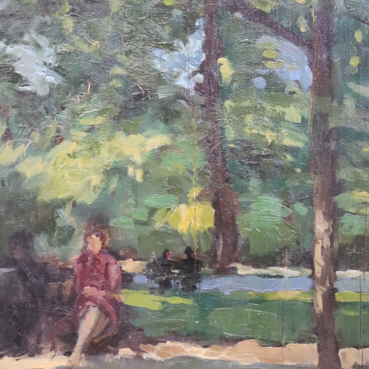Oil Painting On Plywood, People In The City Park, Early 20th Century-photo-3