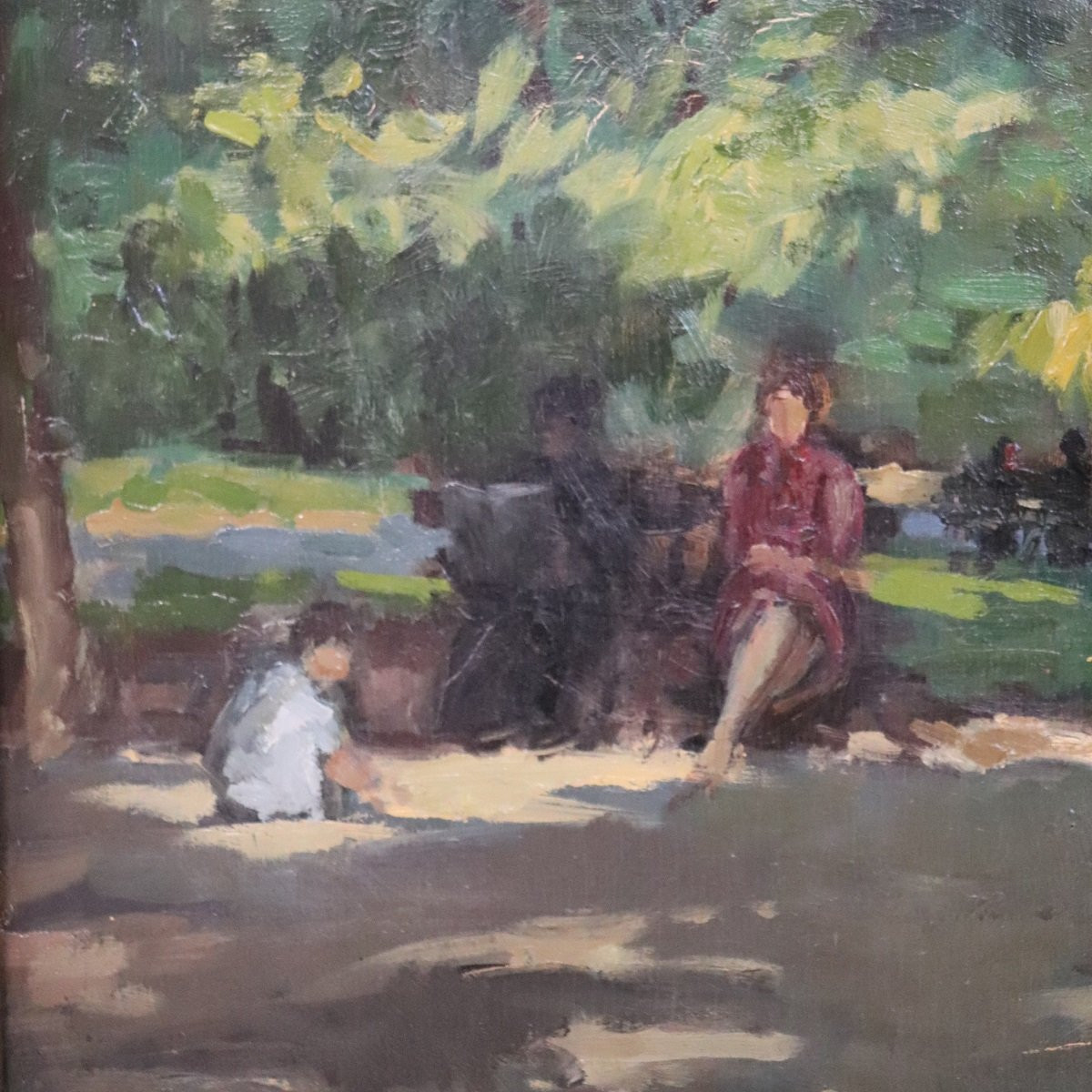 Oil Painting On Plywood, People In The City Park, Early 20th Century-photo-4