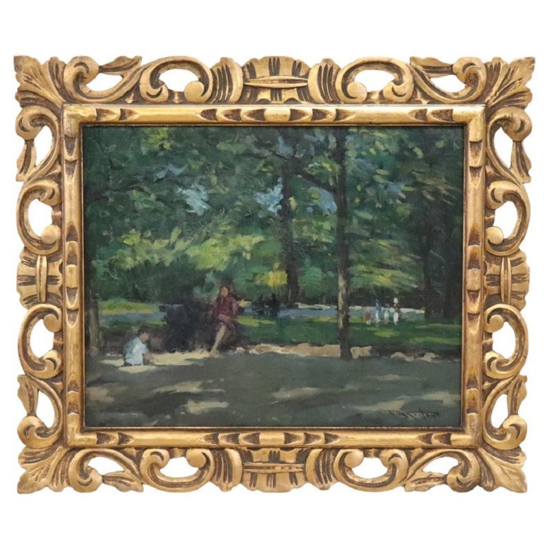 Oil Painting On Plywood, People In The City Park, Early 20th Century