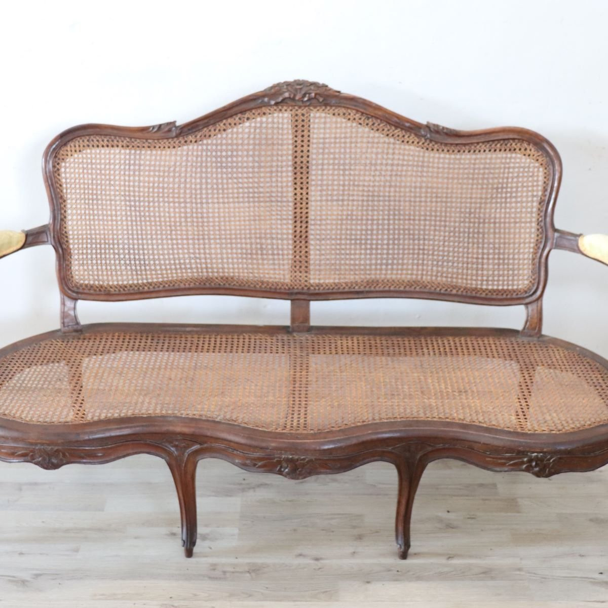 Antique Walnut And Vienna Straw Sofa, Italy 18th Century-photo-2