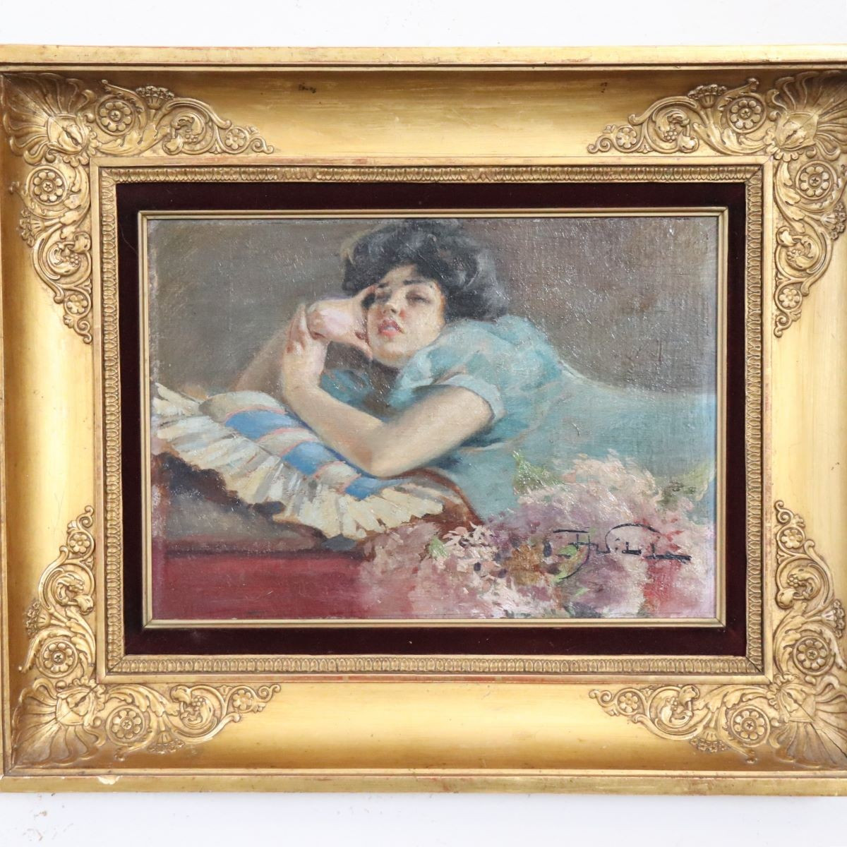 Girl Lying Down, Oil Painting On Board Signed A Villa, Italy Late 19th Century-photo-3