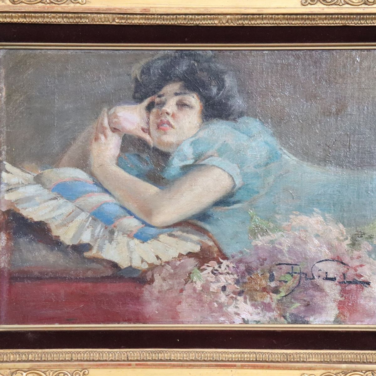 Girl Lying Down, Oil Painting On Board Signed A Villa, Italy Late 19th Century-photo-4