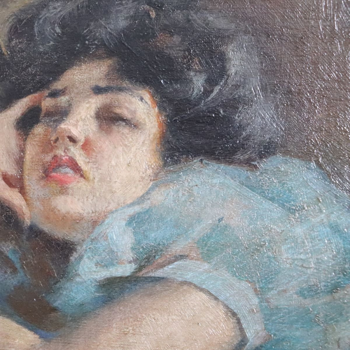 Girl Lying Down, Oil Painting On Board Signed A Villa, Italy Late 19th Century-photo-4