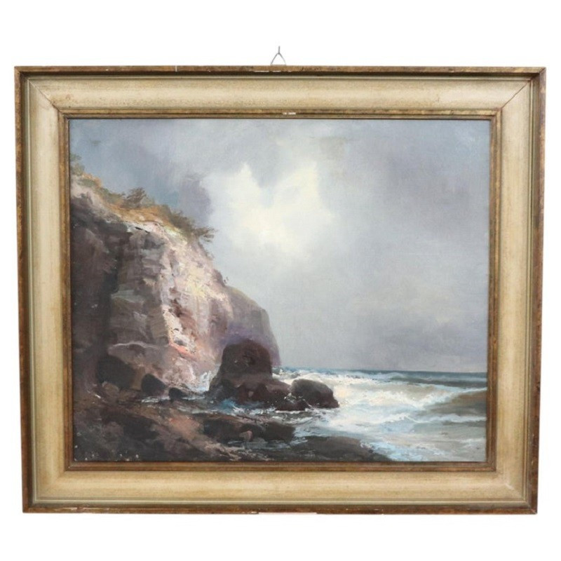 Paysage marin avec falaise, peinture à l'huile sur toile, Italie, XXe siècle