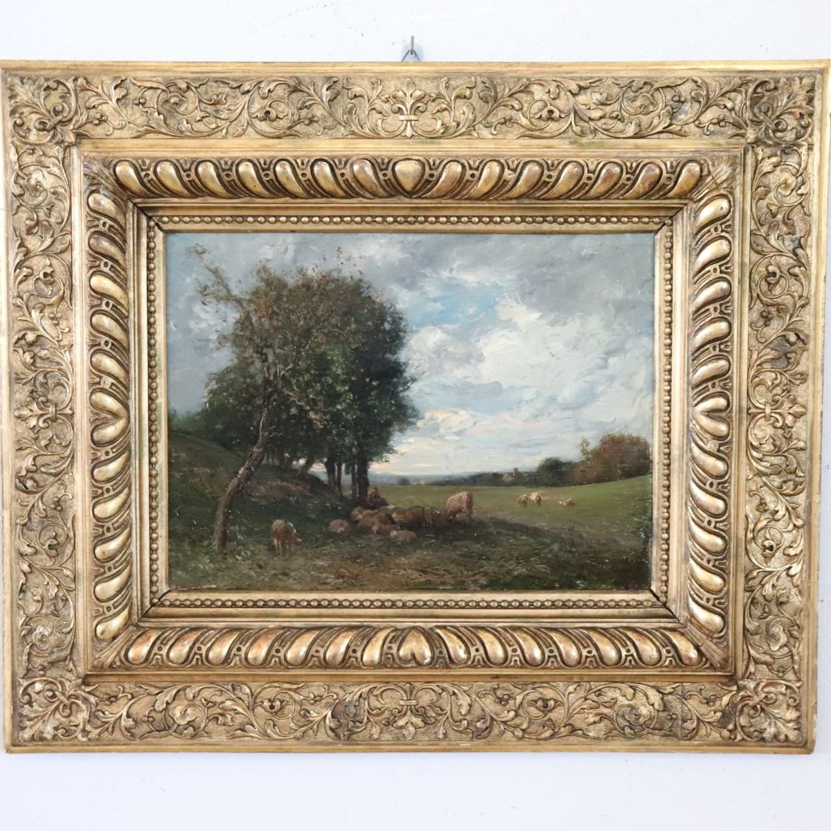 Oil Painting On Panel, Landscape With A Flock Of Sheep, Signed V. Bussolino, Italy, 19th Century-photo-2