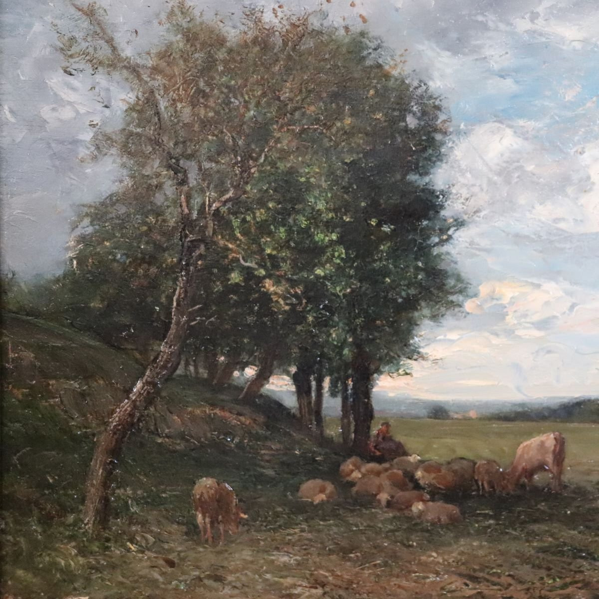 Oil Painting On Panel, Landscape With A Flock Of Sheep, Signed V. Bussolino, Italy, 19th Century-photo-3