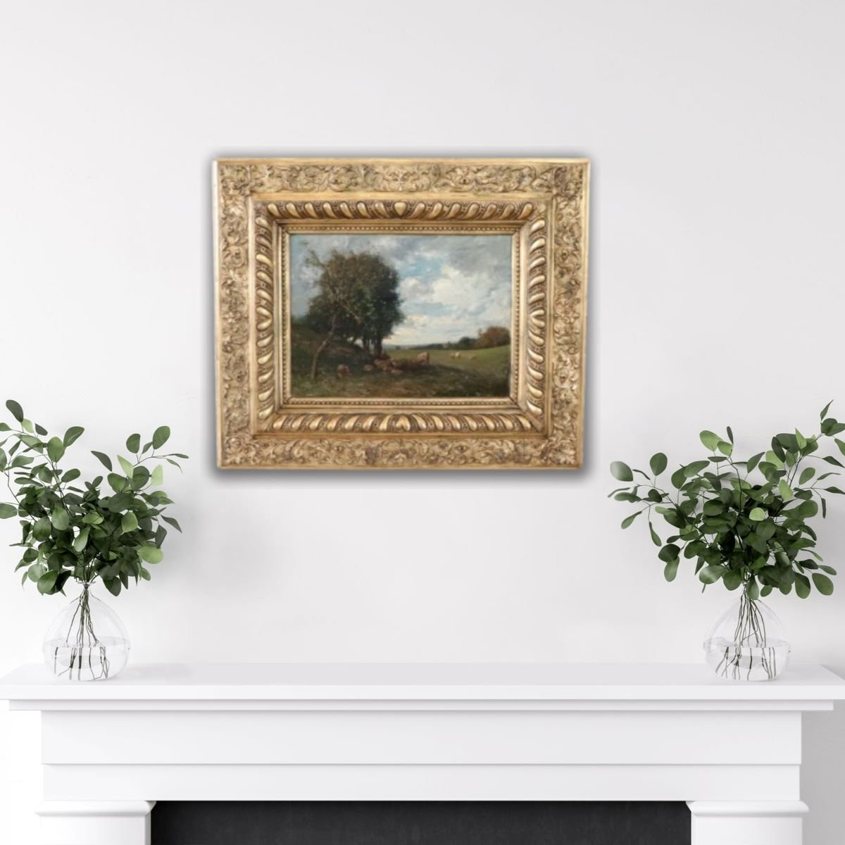 Oil Painting On Panel, Landscape With A Flock Of Sheep, Signed V. Bussolino, Italy, 19th Century-photo-4