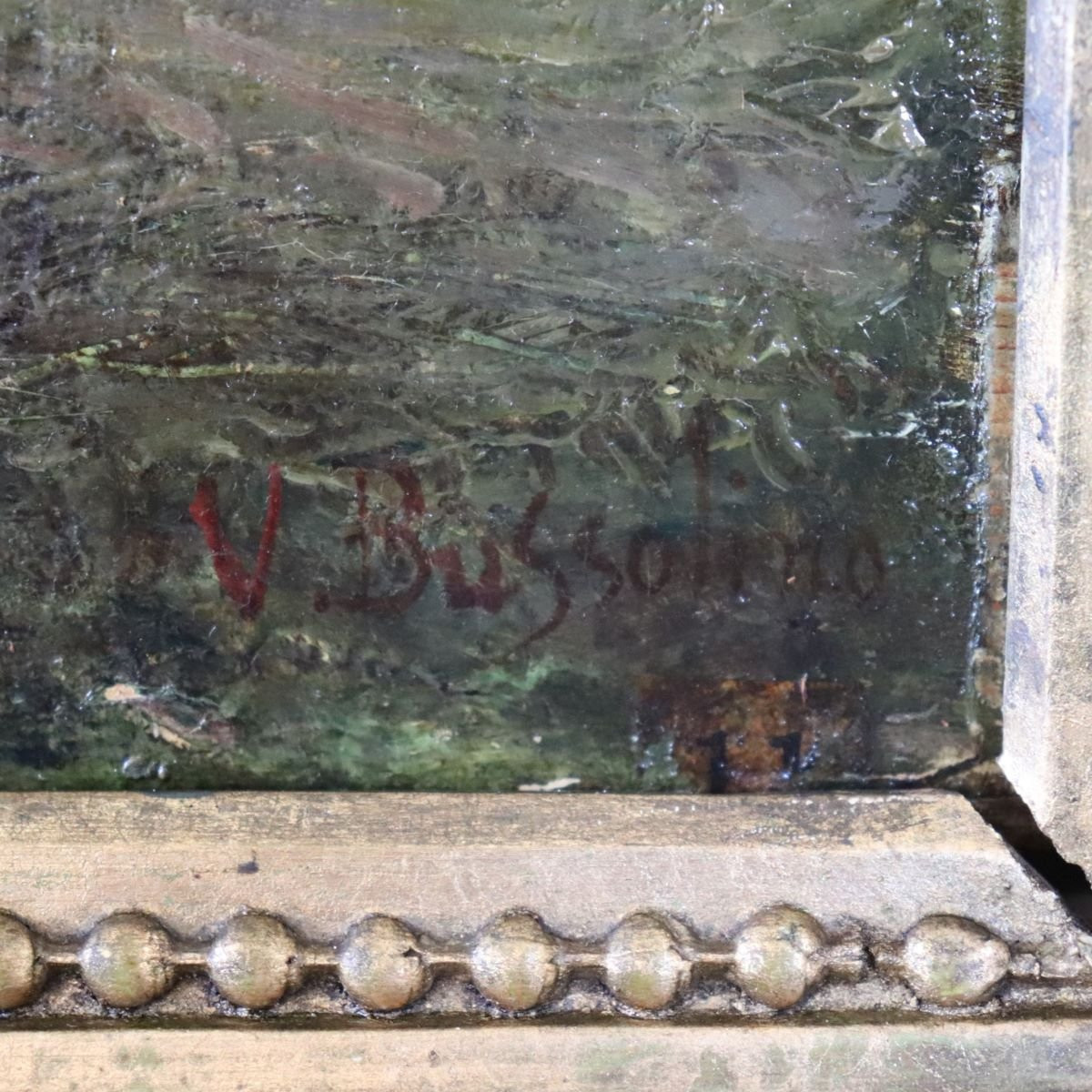 Oil Painting On Panel, Landscape With A Flock Of Sheep, Signed V. Bussolino, Italy, 19th Century-photo-1