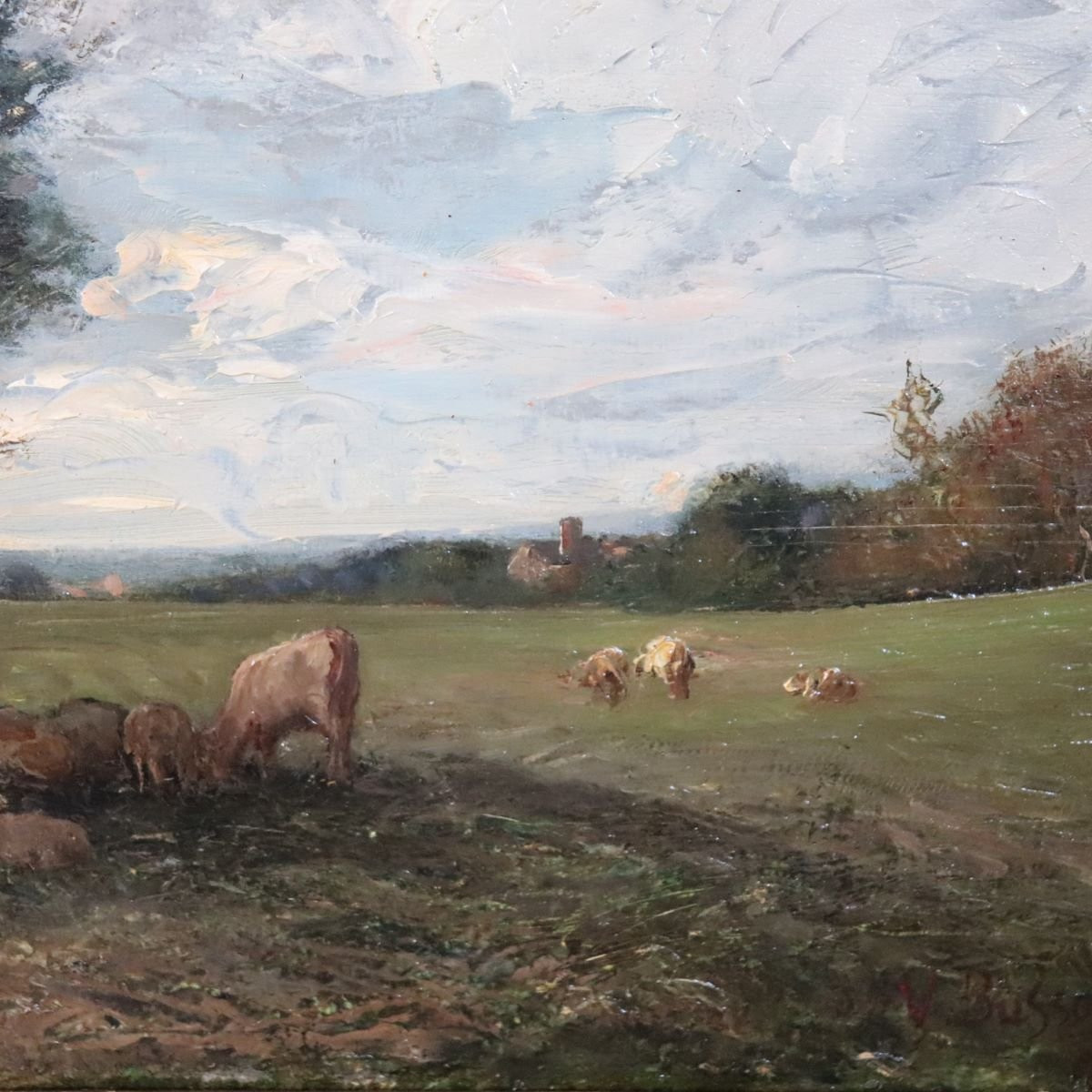 Oil Painting On Panel, Landscape With A Flock Of Sheep, Signed V. Bussolino, Italy, 19th Century-photo-3