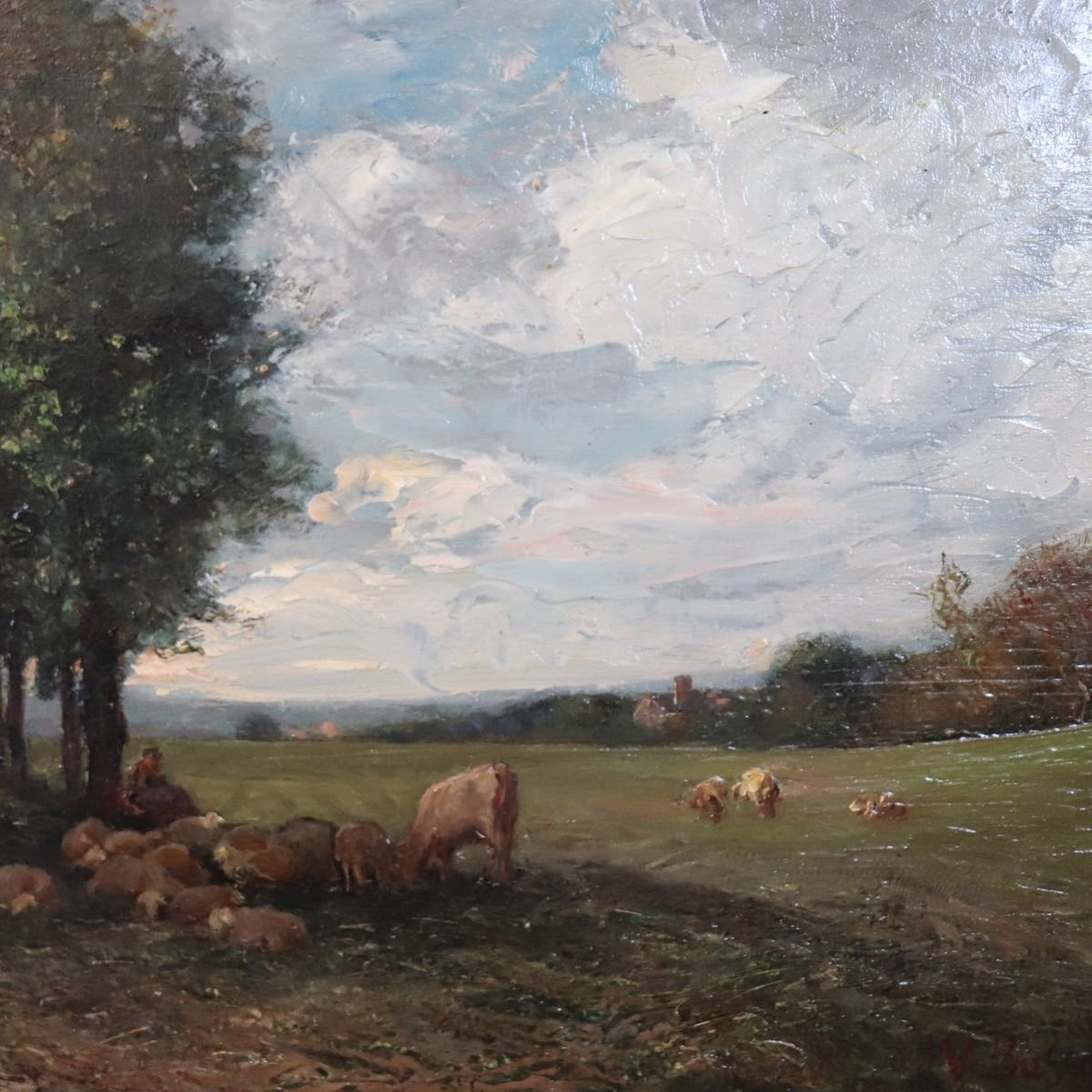 Oil Painting On Panel, Landscape With A Flock Of Sheep, Signed V. Bussolino, Italy, 19th Century-photo-4