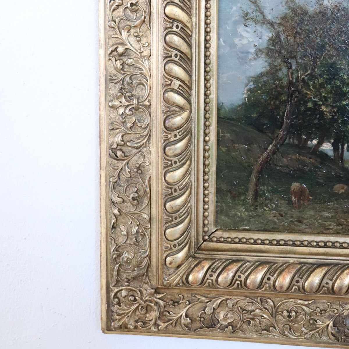 Oil Painting On Panel, Landscape With A Flock Of Sheep, Signed V. Bussolino, Italy, 19th Century-photo-5