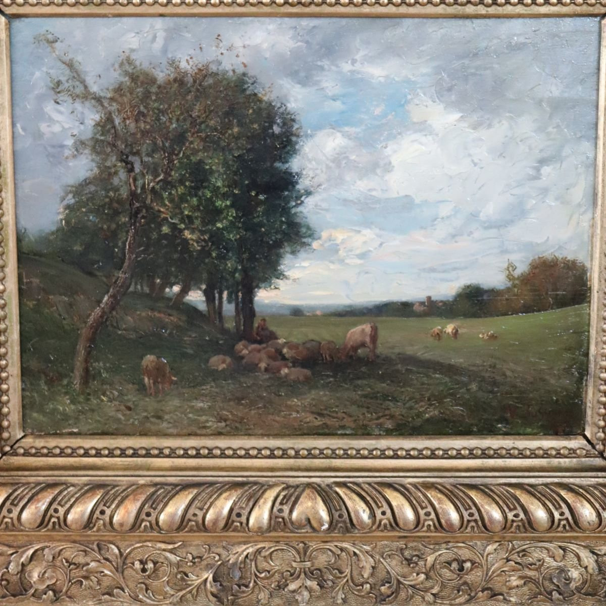 Oil Painting On Panel, Landscape With A Flock Of Sheep, Signed V. Bussolino, Italy, 19th Century-photo-6
