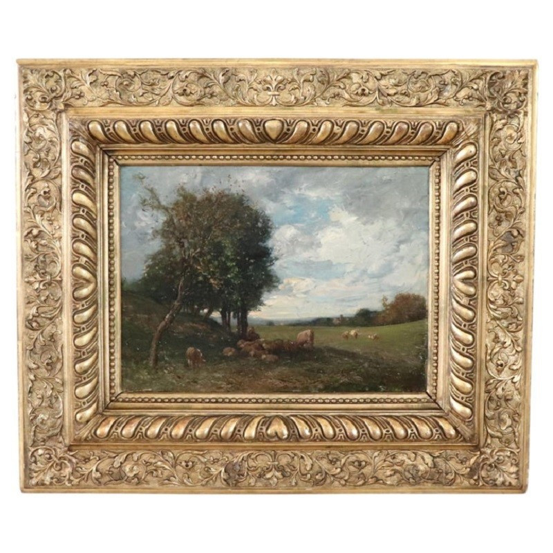Oil Painting On Panel, Landscape With A Flock Of Sheep, Signed V. Bussolino, Italy, 19th Century