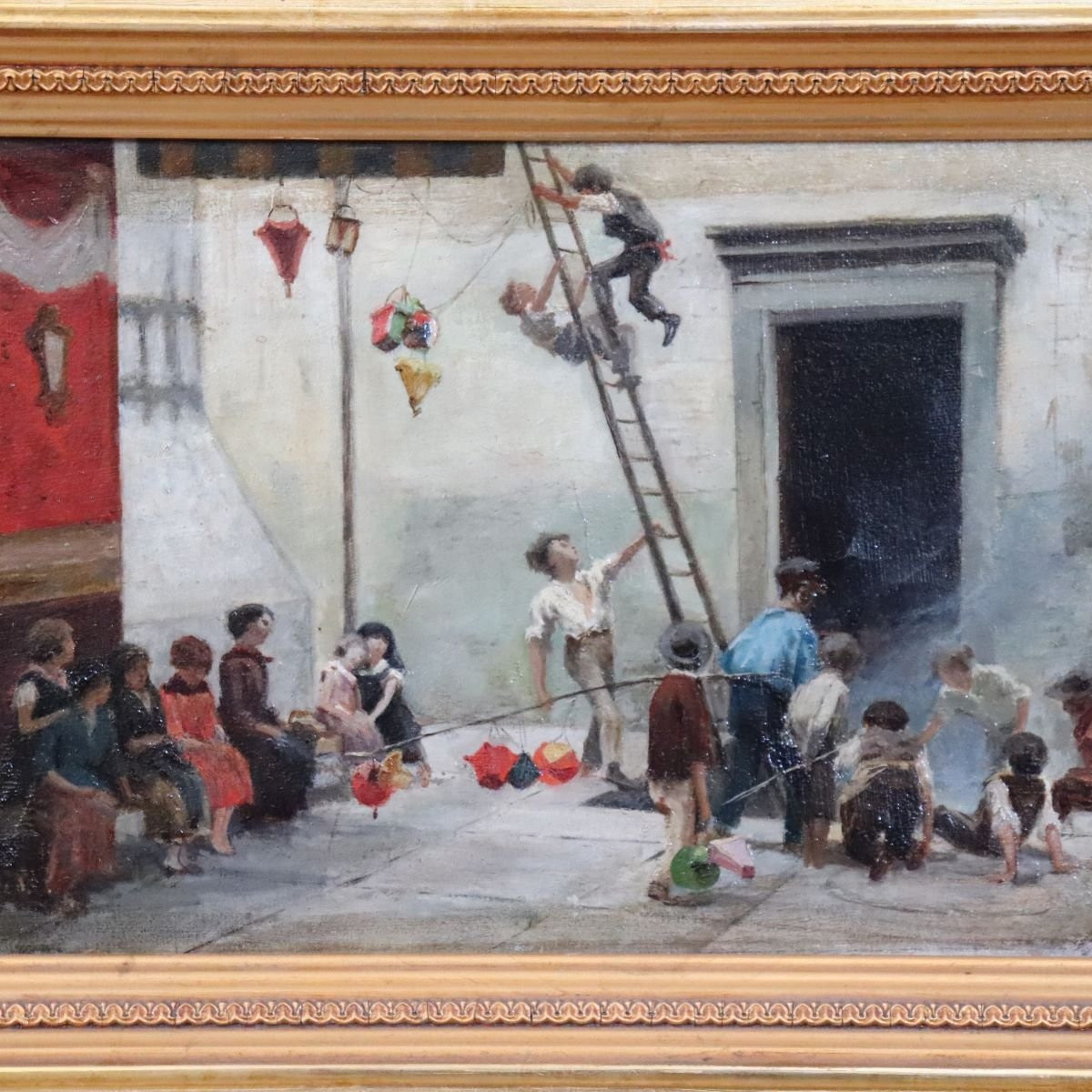 Peinture à l'huile sur toile, Enfants jouant, Italie, XIXe siècle-photo-2