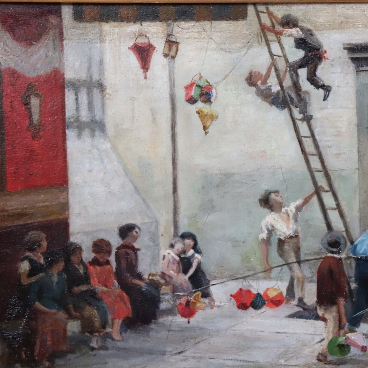 Peinture à l'huile sur toile, Enfants jouant, Italie, XIXe siècle-photo-3