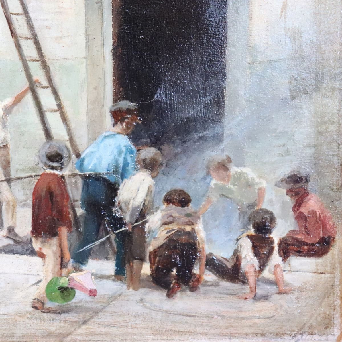 Peinture à l'huile sur toile, Enfants jouant, Italie, XIXe siècle-photo-3
