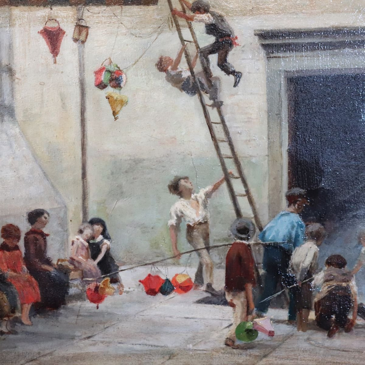 Peinture à l'huile sur toile, Enfants jouant, Italie, XIXe siècle-photo-5