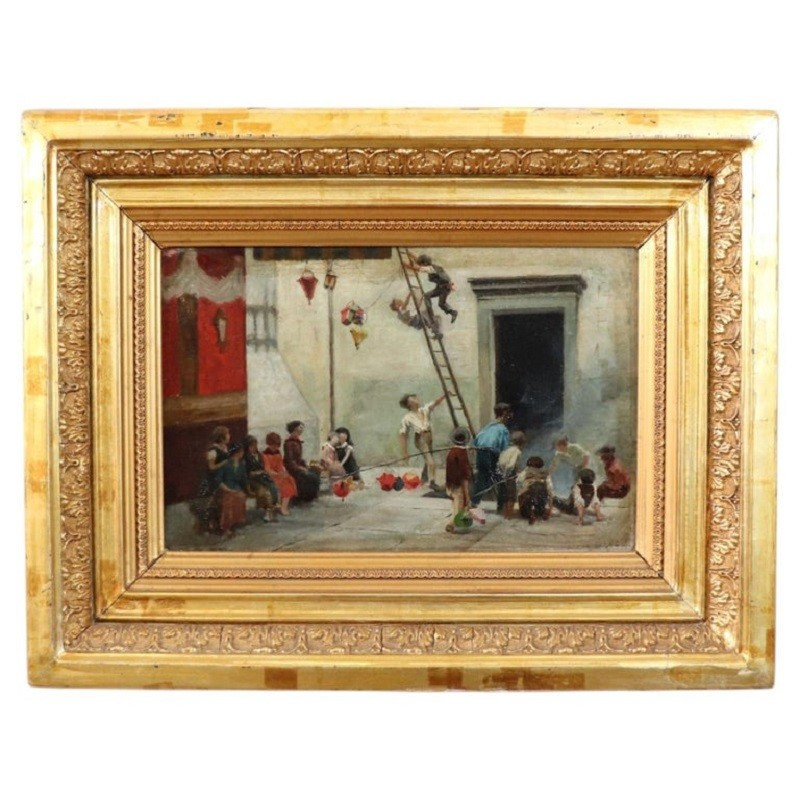 Peinture à l'huile sur toile, Enfants jouant, Italie, XIXe siècle