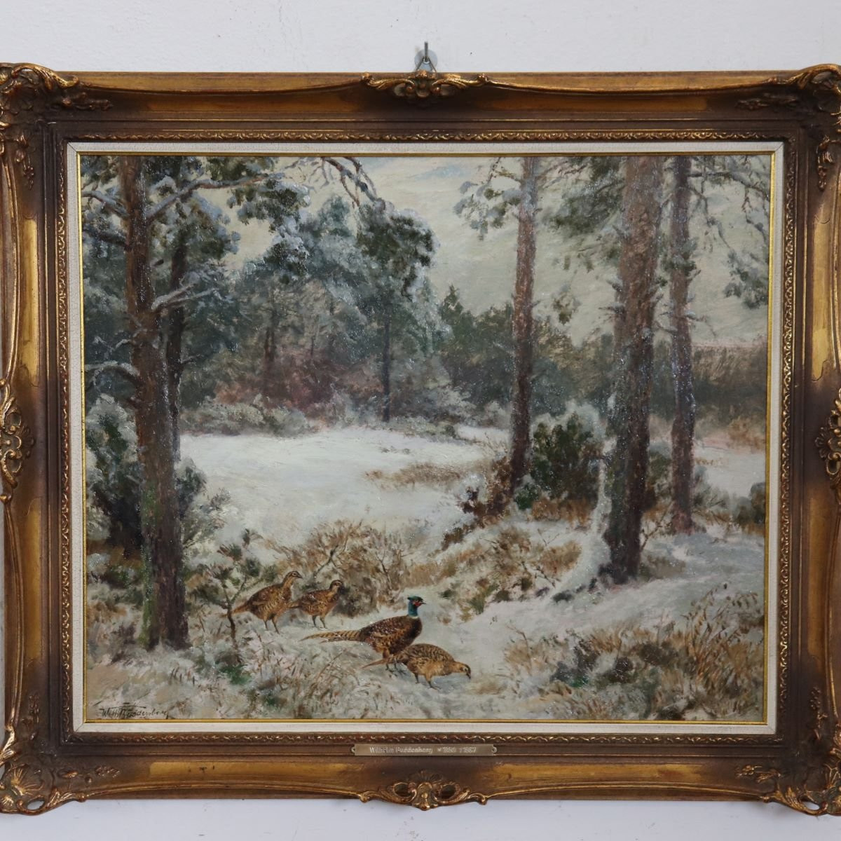 Faisans dans la neige, peinture à l'huile sur panneau, signée Wilhelm Buddenberg-photo-2
