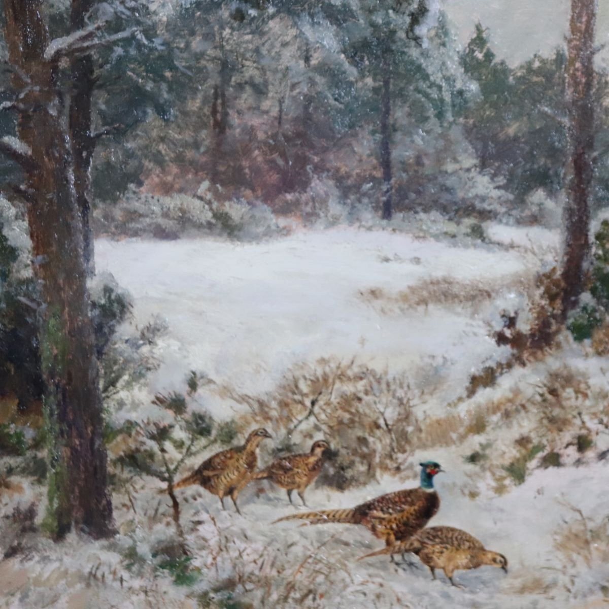 Faisans dans la neige, peinture à l'huile sur panneau, signée Wilhelm Buddenberg-photo-3