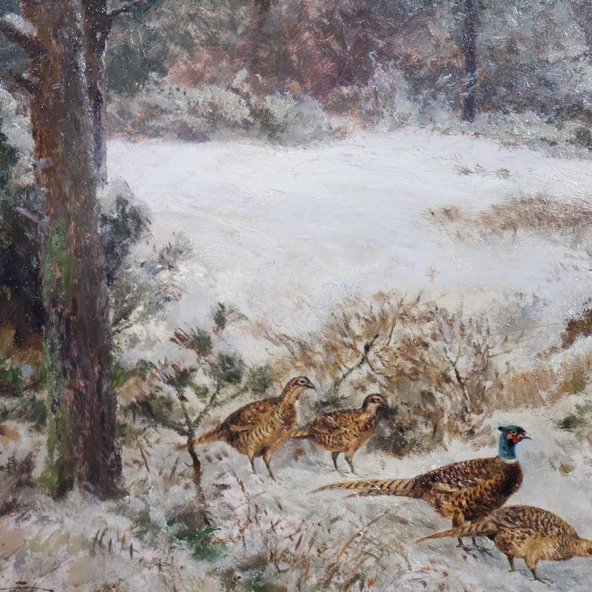Faisans dans la neige, peinture à l'huile sur panneau, signée Wilhelm Buddenberg-photo-1