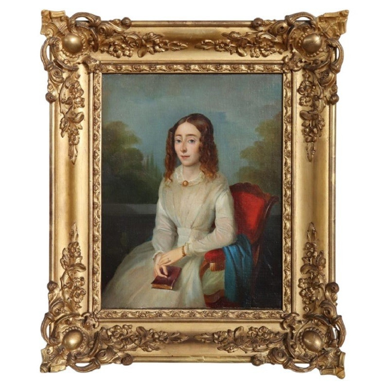 Portrait d'une jeune femme au livre, peinture à l'huile sur toile, Italie, XIXe siècle