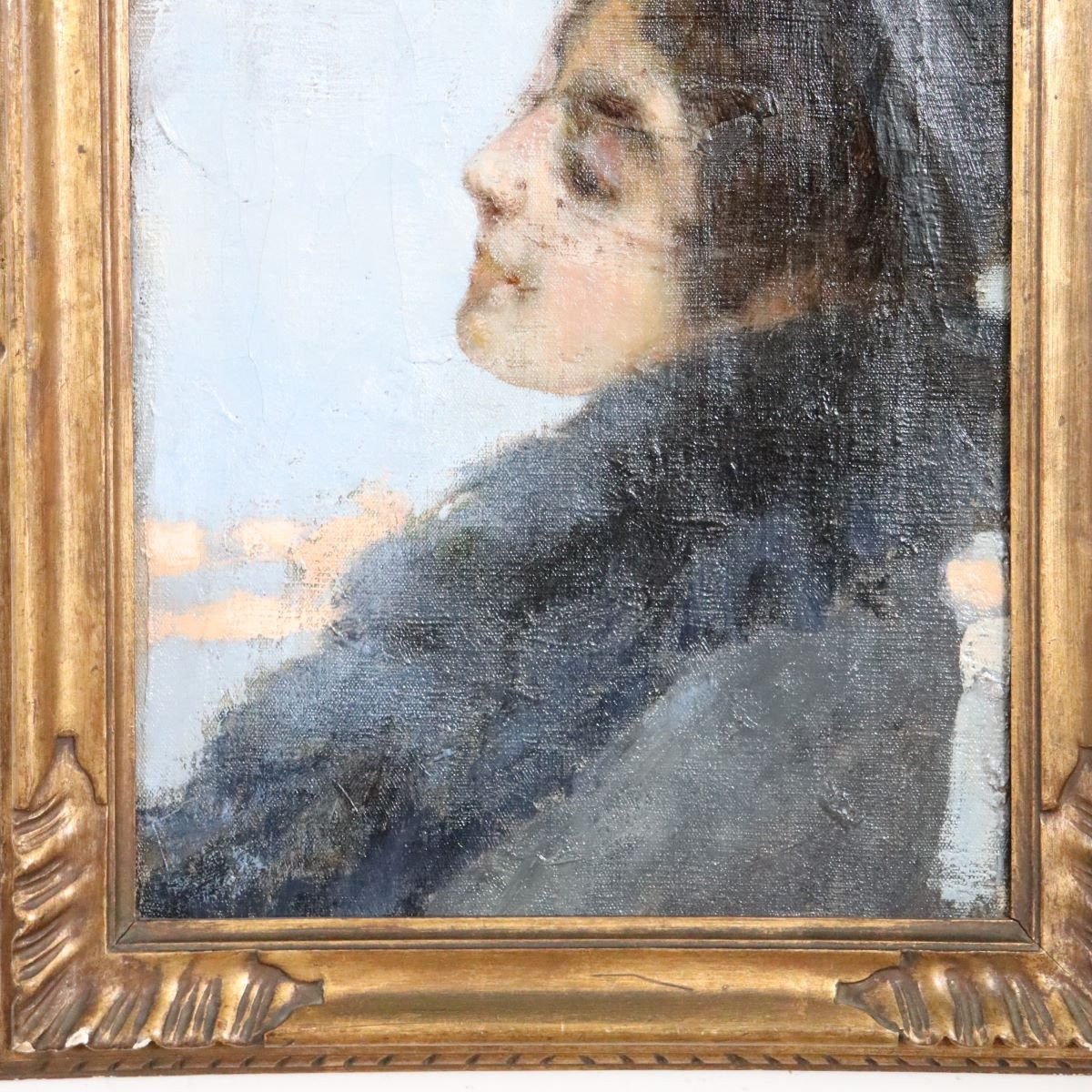 Jeune femme au chapeau, peinture à l'huile sur toile, Giovanni Beltrami fin du XIXe siècle-photo-2