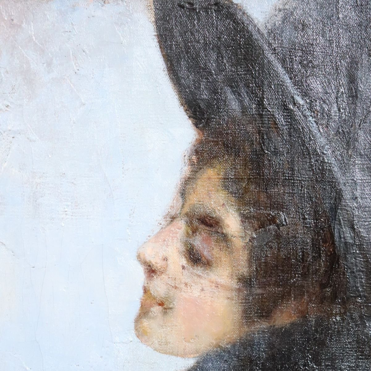 Jeune femme au chapeau, peinture à l'huile sur toile, Giovanni Beltrami fin du XIXe siècle-photo-3