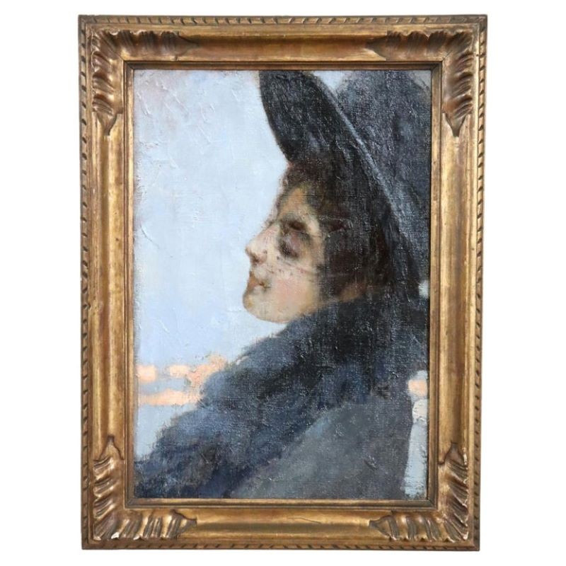 Jeune femme au chapeau, peinture à l'huile sur toile, Giovanni Beltrami fin du XIXe siècle