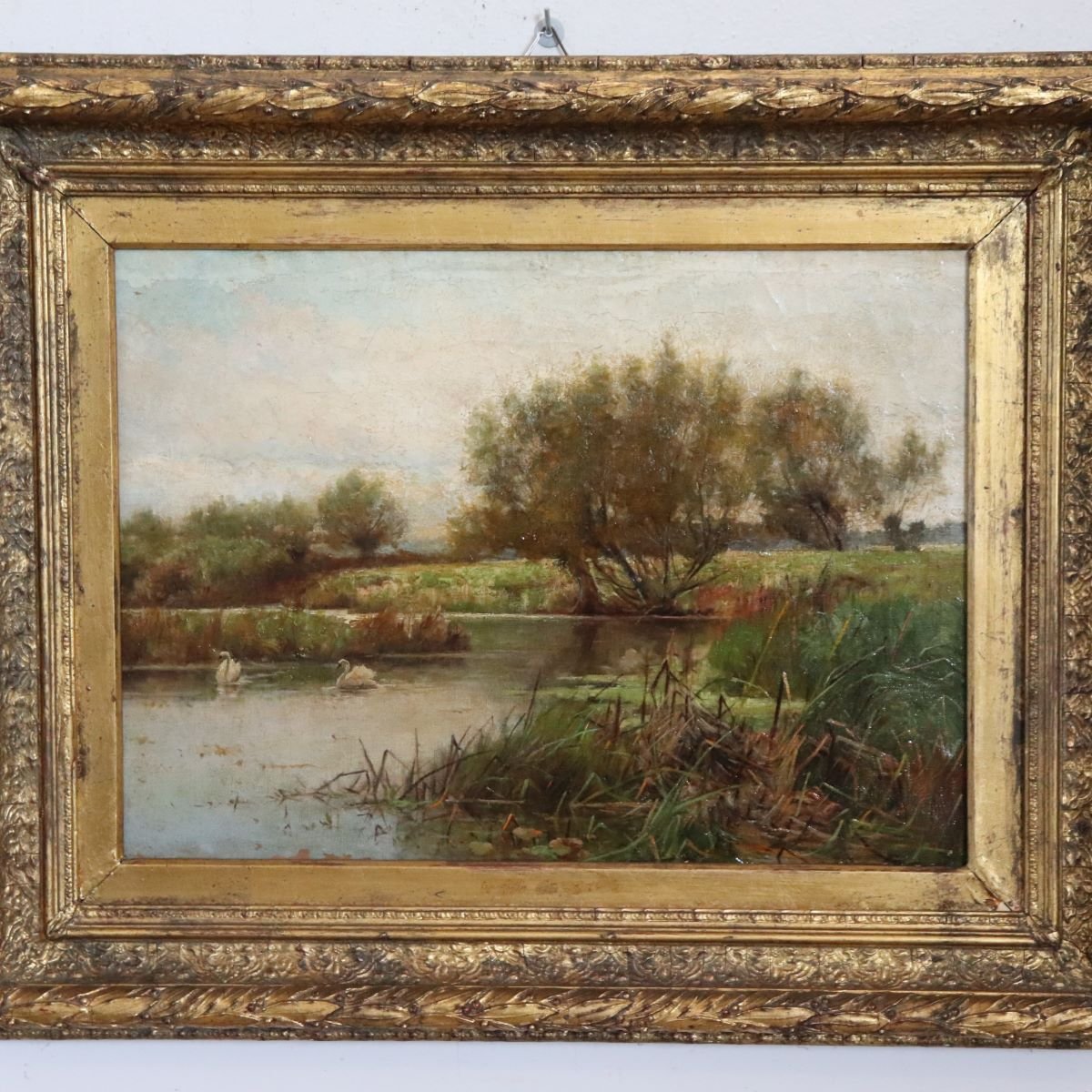 Landscape With Swans, Oil On Canvas, English School, 19th Century-photo-3