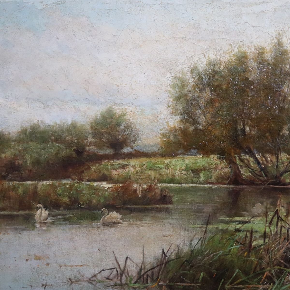 Landscape With Swans, Oil On Canvas, English School, 19th Century-photo-4