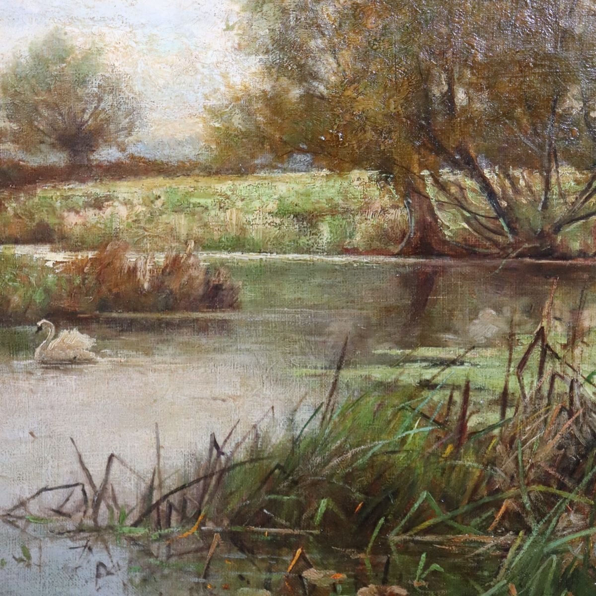 Landscape With Swans, Oil On Canvas, English School, 19th Century-photo-3