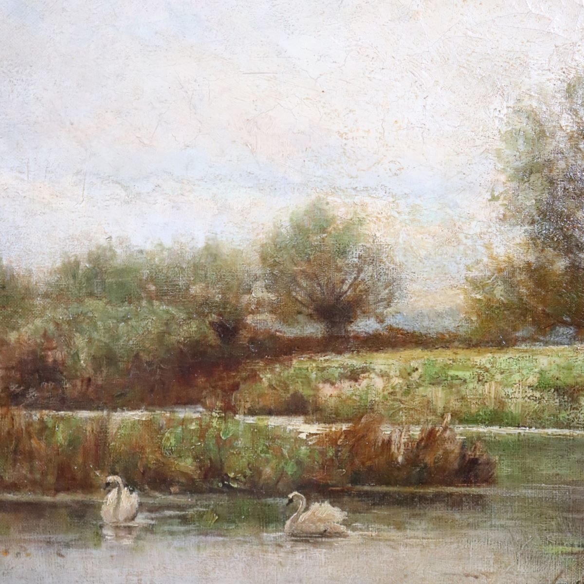 Landscape With Swans, Oil On Canvas, English School, 19th Century-photo-4