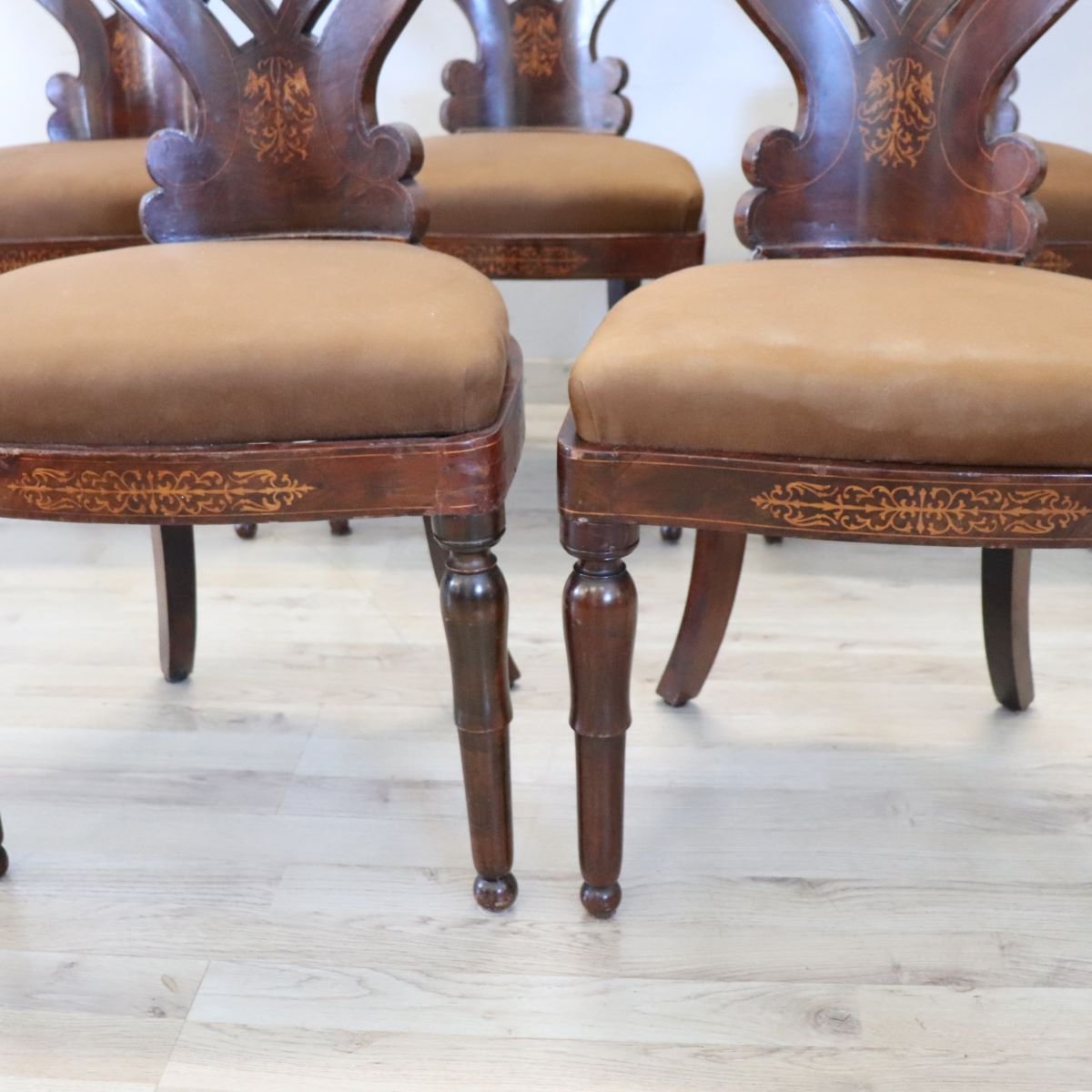 Ensemble de 6 chaises anciennes en marqueterie de noyer, Italie, XIXe siècle-photo-2