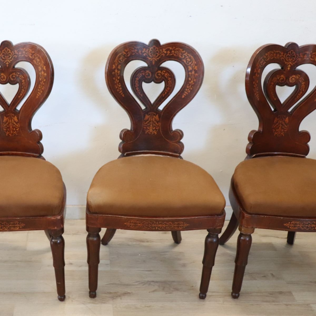 Ensemble de 6 chaises anciennes en marqueterie de noyer, Italie, XIXe siècle-photo-1