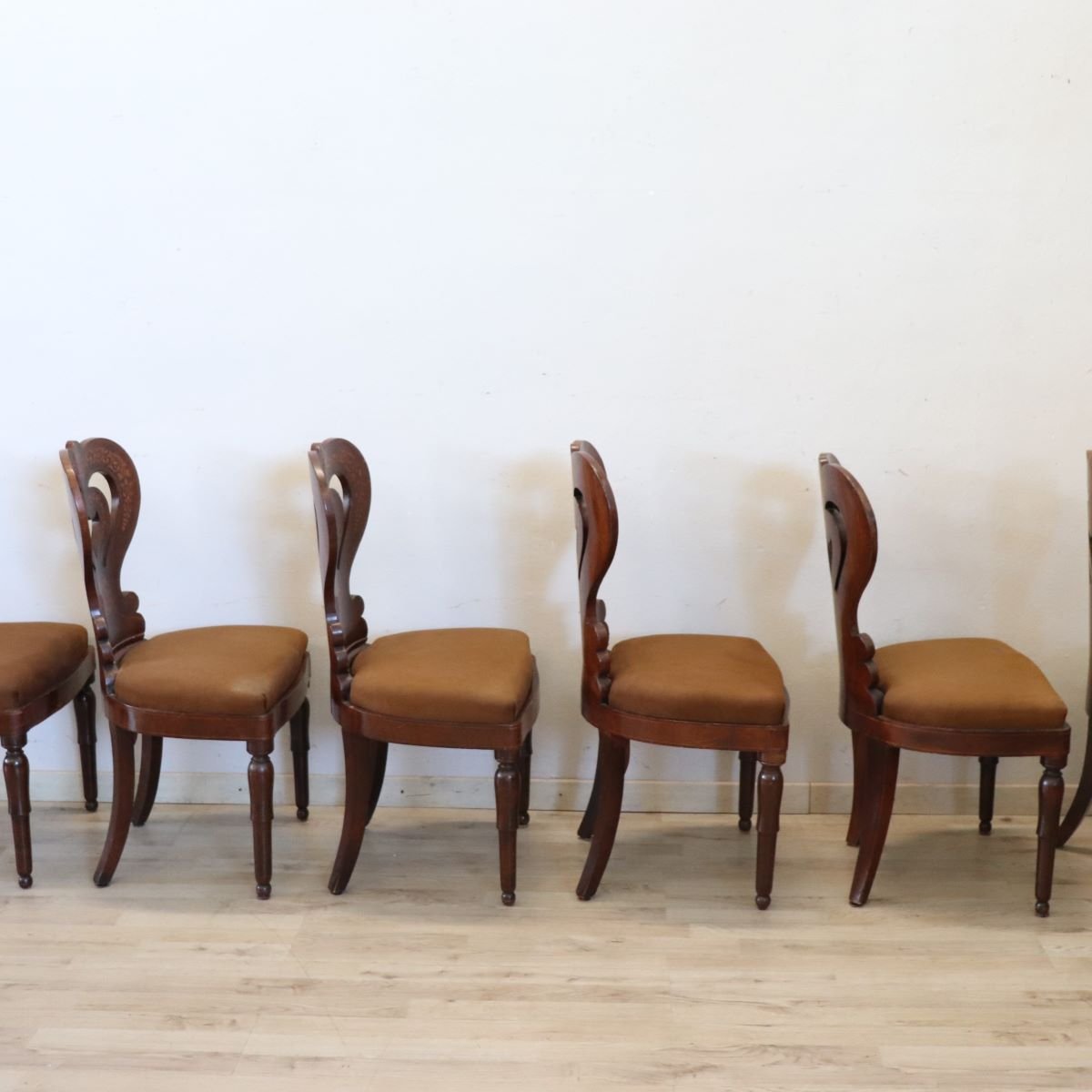 Ensemble de 6 chaises anciennes en marqueterie de noyer, Italie, XIXe siècle-photo-5