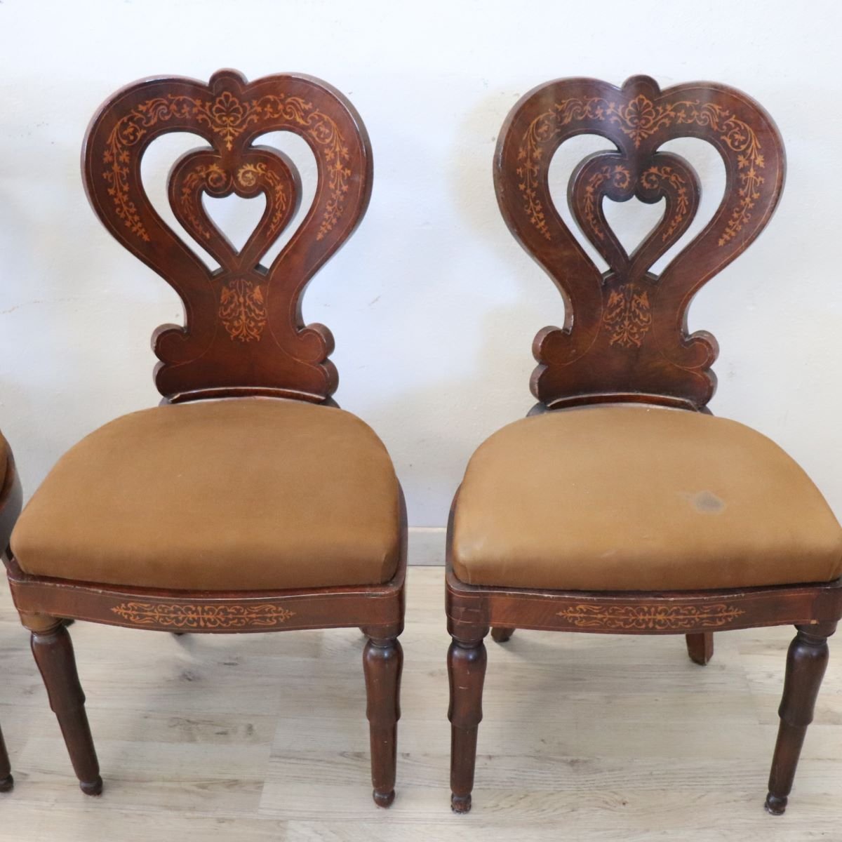 Ensemble de 6 chaises anciennes en marqueterie de noyer, Italie, XIXe siècle-photo-6