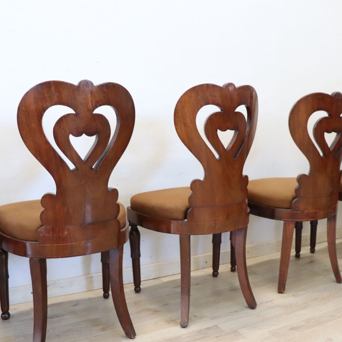 Ensemble de 6 chaises anciennes en marqueterie de noyer, Italie, XIXe siècle-photo-7
