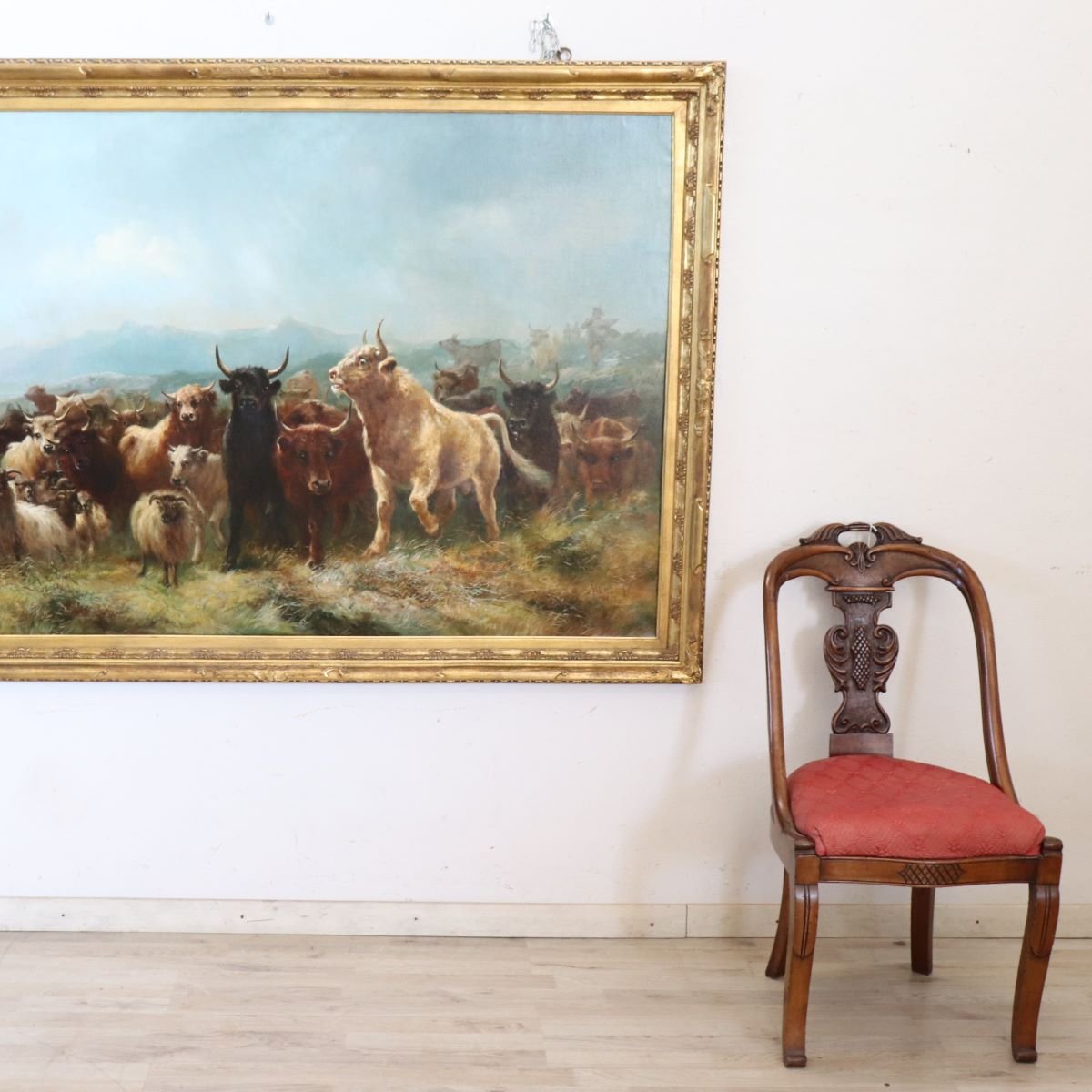 Grand huile sur toile, Troupeau de bétail, signée Watson W., XIXe siècle-photo-1