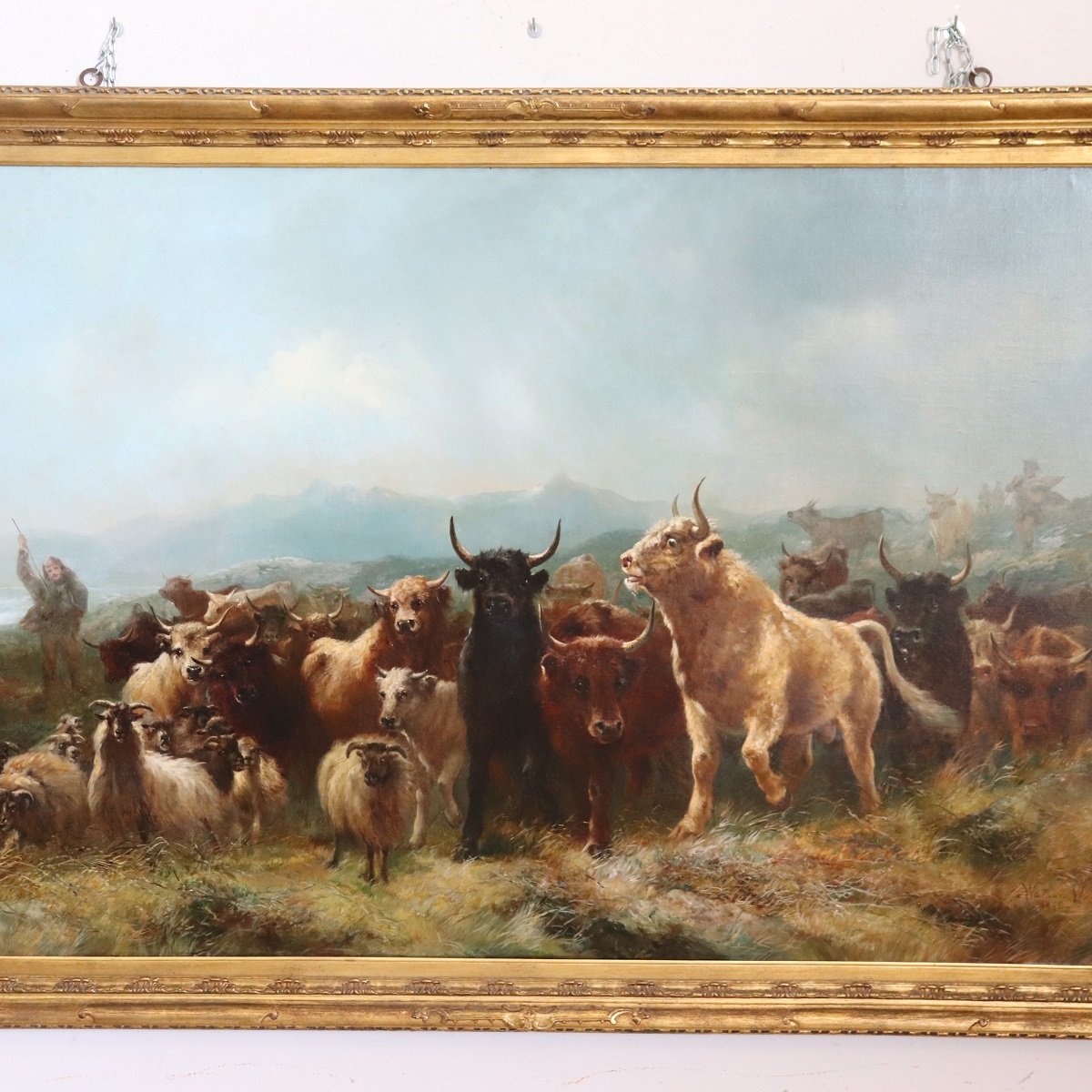 Grand huile sur toile, Troupeau de bétail, signée Watson W., XIXe siècle-photo-2