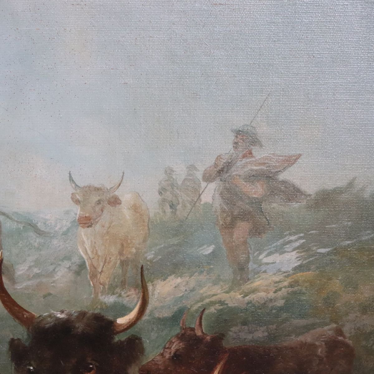 Grand huile sur toile, Troupeau de bétail, signée Watson W., XIXe siècle-photo-3
