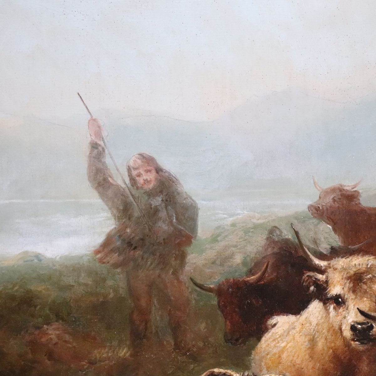 Grand huile sur toile, Troupeau de bétail, signée Watson W., XIXe siècle-photo-6