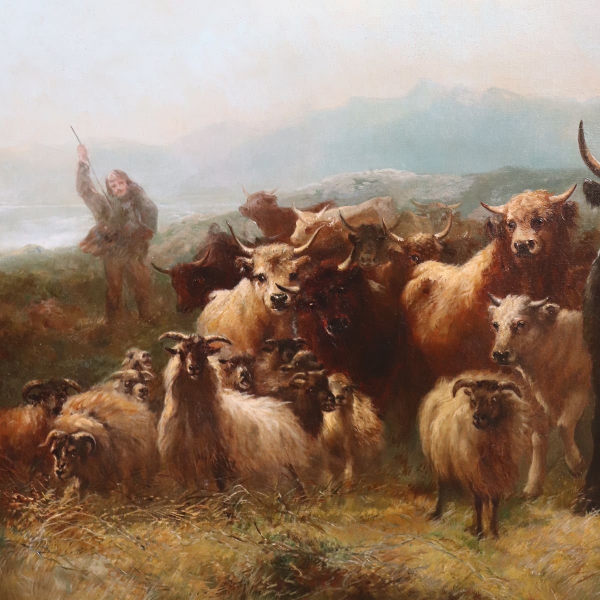 Grand huile sur toile, Troupeau de bétail, signée Watson W., XIXe siècle-photo-8